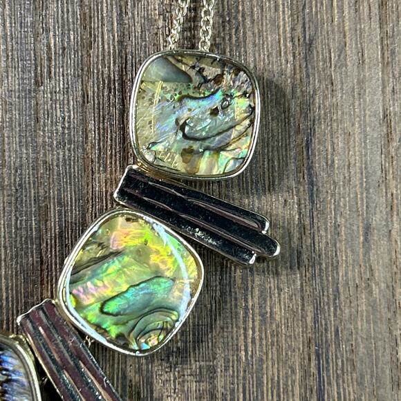 Abalone Slide Bead Necklace Gold Tone Boho 16” With 3” Extender Double Chain - Picture 3 of 10